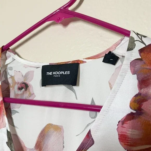 The Kooples Printed Ecru Top 1 Small Floral Motif Peplum Gathered Puff Sleeves - Picture 4 of 7